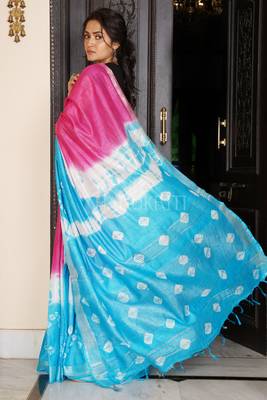 Pink And Sky Blue Tie & Dye Bandhani Printed Linen Saree 3
