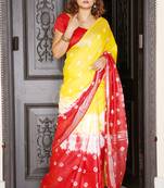 Yellow And Red Tie & Dye Bandhani Printed Linen Saree