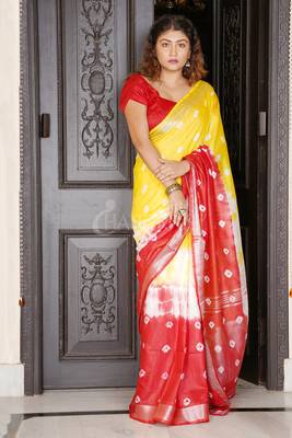 Yellow And Red Tie & Dye Bandhani Printed Linen Saree 2