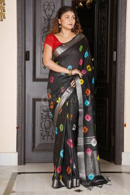 Black Linen Saree With Multicolored Bandhani Print And Silver Border 1