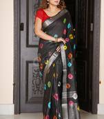 Black Linen Saree With Multicolored Bandhani Print And Silver Border