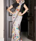 Grey Batik Printed Linen Saree With Silver Border