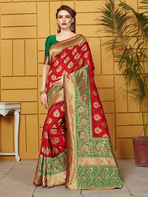 Red woven jacquard saree with blouse 1