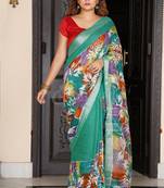 Aqua Green Printed Linen Saree With Silver Border