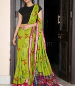 Green Butterfly Printed Linen Saree With Deep Pink Zari Border