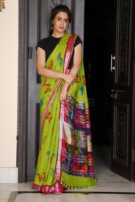Green Butterfly Printed Linen Saree With Deep Pink Zari Border 2