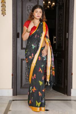 Black Butterfly Printed Linen Saree With Yellow Zari Border 1