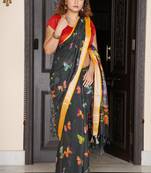 Black Butterfly Printed Linen Saree With Yellow Zari Border