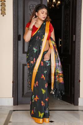 Black Butterfly Printed Linen Saree With Yellow Zari Border 2