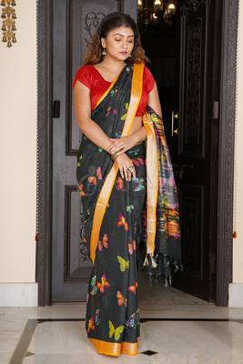 Black Butterfly Printed Linen Saree With Yellow Zari Border 3