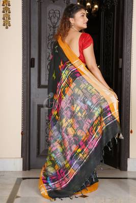 Black Butterfly Printed Linen Saree With Yellow Zari Border 4