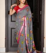 Grey Butterfly Printed Linen Saree With Maroon Zari Border