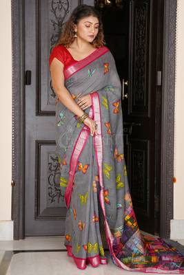 Grey Butterfly Printed Linen Saree With Maroon Zari Border 2