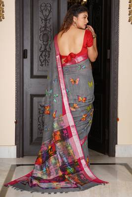 Grey Butterfly Printed Linen Saree With Maroon Zari Border 3