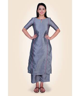grey plain silk kurta-sets 1