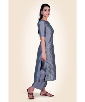 grey plain silk kurta-sets 2