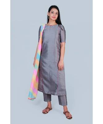 grey art silk suit paired with leharia duppatta 1