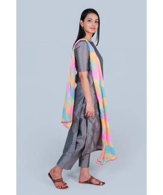 grey art silk suit paired with leharia duppatta 2