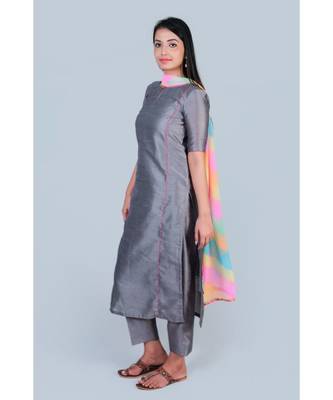 grey art silk suit paired with leharia duppatta 3