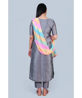 grey art silk suit paired with leharia duppatta 4