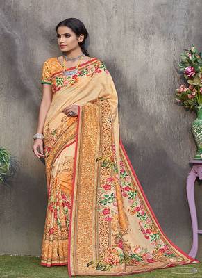   light orange printed tussar silk blend saree with blouse 1