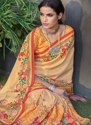   light orange printed tussar silk blend saree with blouse 2