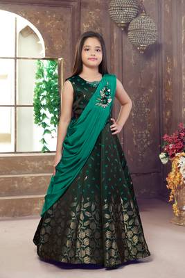 green embroidered Polyester stitched kids girl gowns 1