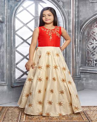 red embroidered Polyester stitched kids girl gowns 1