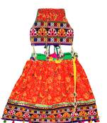 Orange embroidered multicoloured  cotton stitched lehenga
