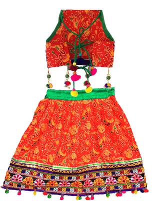 Orange embroidered multicoloured  cotton stitched lehenga 2
