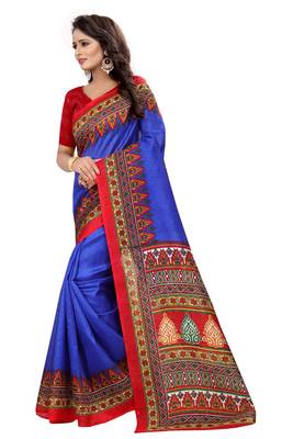 Blue printed art silk saree with blouse 3