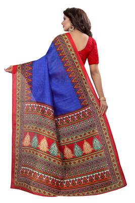 Blue printed art silk saree with blouse 4