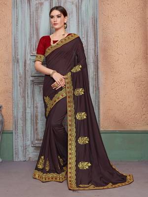 Brown embroidered silk saree with blouse 1