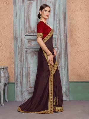 Brown embroidered silk saree with blouse 3