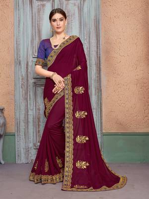 Maroon embroidered silk saree with blouse 1
