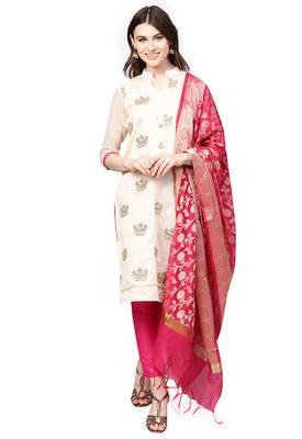 Women's Chanderi Silk Off White & Pink Embroidered A-Line Kurta With Trouser & Dupatta 1