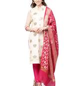 Women's Chanderi Silk Off White & Pink Embroidered A-Line Kurta With Trouser & Dupatta