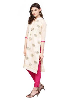 Women's Chanderi Silk Off White & Pink Embroidered A-Line Kurta With Trouser & Dupatta 3