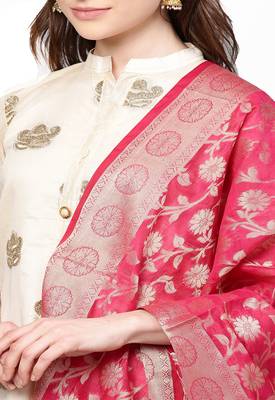 Women's Chanderi Silk Off White & Pink Embroidered A-Line Kurta With Trouser & Dupatta 5