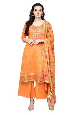 Women's Poly Cotton Orange Embroidered A-Line Kurta With Palazzo & Dupatta 1