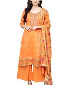 Women's Poly Cotton Orange Embroidered A-Line Kurta With Palazzo & Dupatta