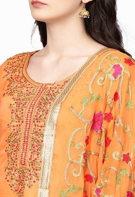Women's Poly Cotton Orange Embroidered A-Line Kurta With Palazzo & Dupatta 2