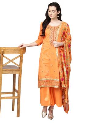Women's Poly Cotton Orange Embroidered A-Line Kurta With Palazzo & Dupatta 3