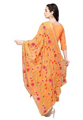 Women's Poly Cotton Orange Embroidered A-Line Kurta With Palazzo & Dupatta 4
