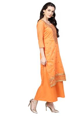Women's Poly Cotton Orange Embroidered A-Line Kurta With Palazzo & Dupatta 5