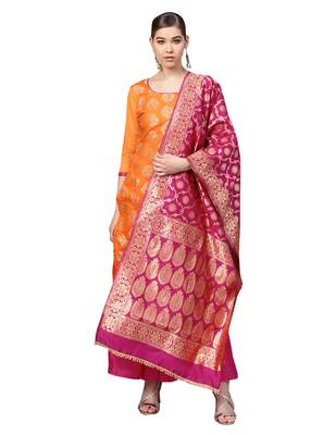 Women's Chanderi Silk Orange & Pink Woven A-Line Kurta With Palazzo & Dupatta 1