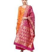 Women's Chanderi Silk Orange & Pink Woven A-Line Kurta With Palazzo & Dupatta