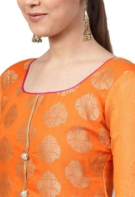 Women's Chanderi Silk Orange & Pink Woven A-Line Kurta With Palazzo & Dupatta 2