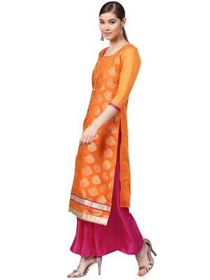 Women's Chanderi Silk Orange & Pink Woven A-Line Kurta With Palazzo & Dupatta 4