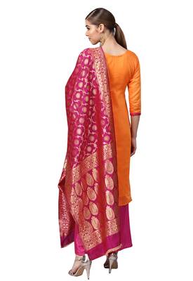 Women's Chanderi Silk Orange & Pink Woven A-Line Kurta With Palazzo & Dupatta 5